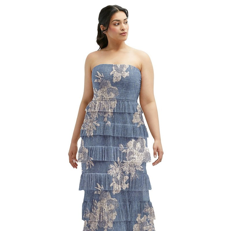 Shop After Six Ruffle Tiered Skirt Metallic Pleated Strapless Midi Dress With Floral Gold Foil Print In Blue