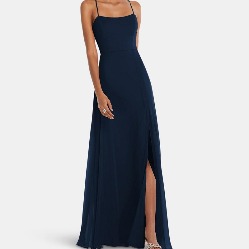 After Six Scoop Neck Convertible Tie-strap Maxi Dress With Front Slit In Midnight Navy