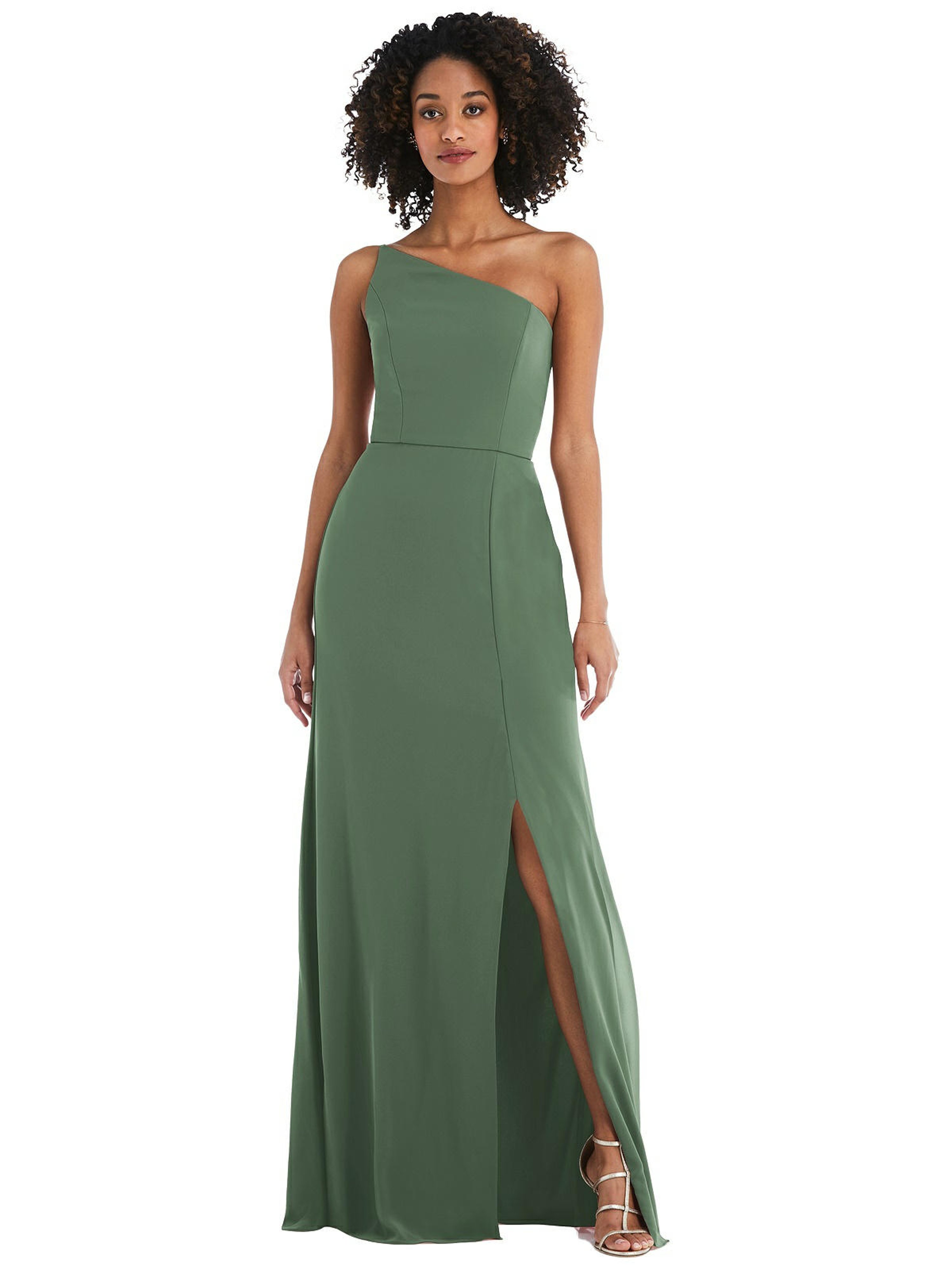 AFTER SIX DESSY COLLECTION SKINNY ONE-SHOULDER TRUMPET GOWN WITH FRONT SLIT