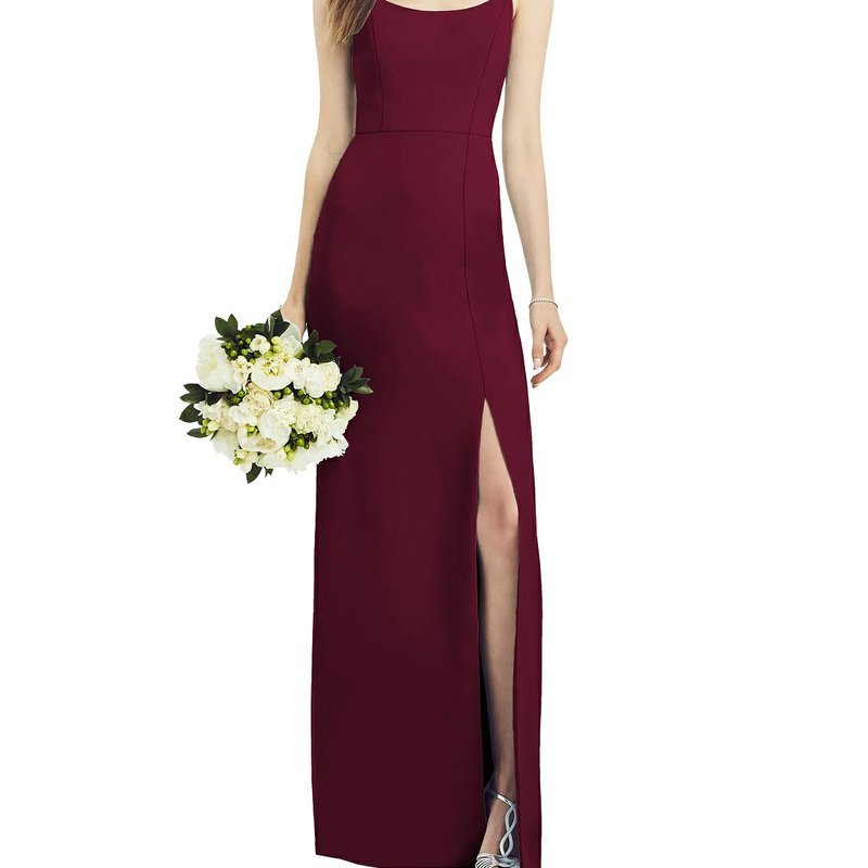 After Six Spaghetti Strap V-back Crepe Gown With Front Slit In Cabernet