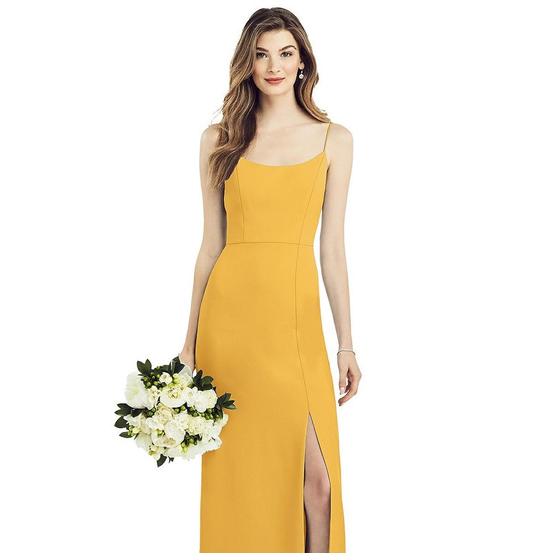 After Six Spaghetti Strap V-back Crepe Gown With Front Slit In Yellow