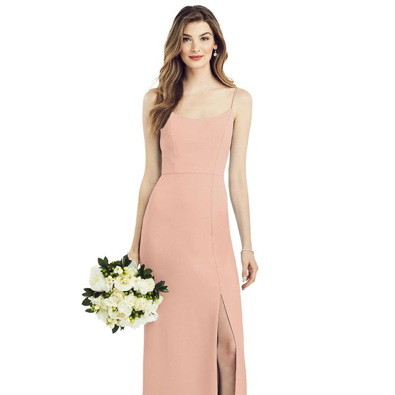 After Six Spaghetti Strap V-back Crepe Gown With Front Slit In Pale Peach