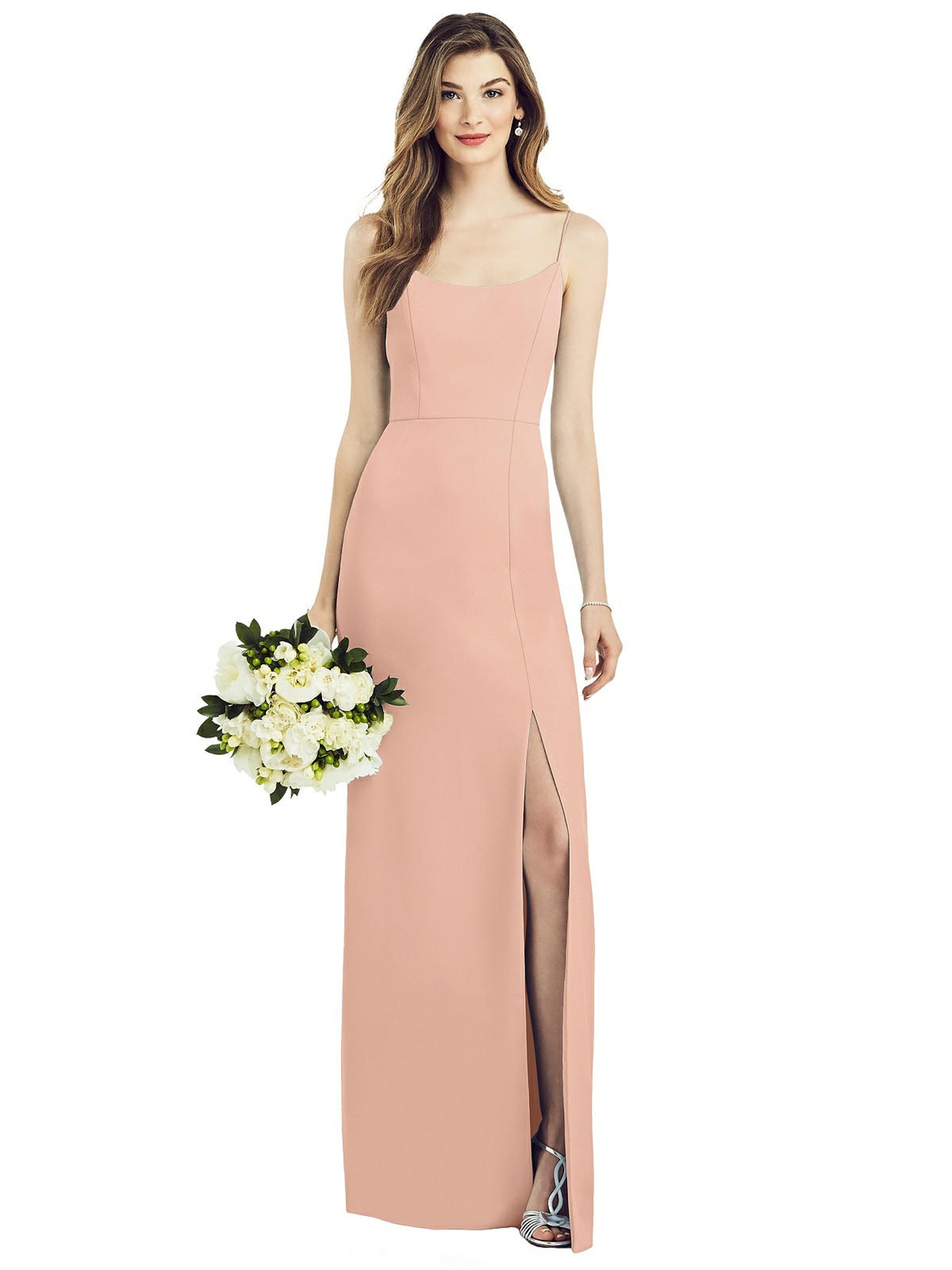 AFTER SIX AFTER SIX SPAGHETTI STRAP V-BACK CREPE GOWN WITH FRONT SLIT