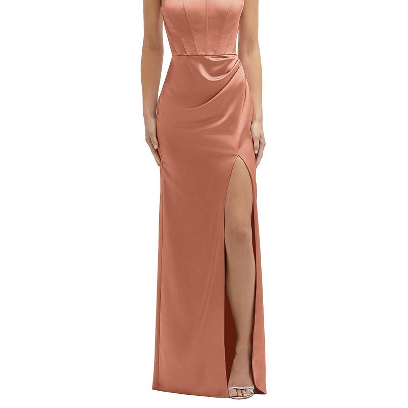 Shop After Six Strapless Topstitched Corset Satin Maxi Dress With Draped Column Skirt In Brown