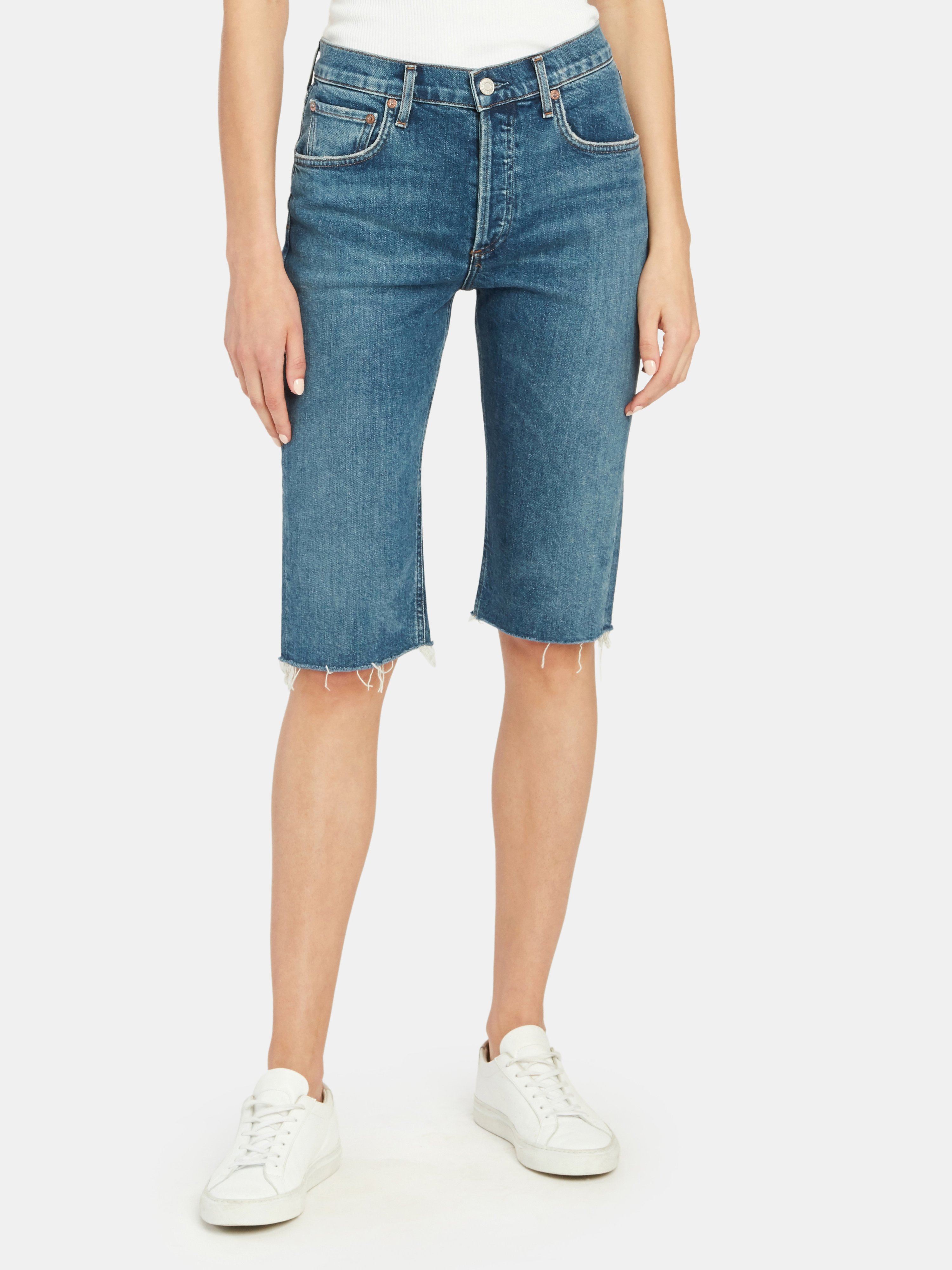 Agolde Carrie High Rise Long Length Slim Shorts In Subdued