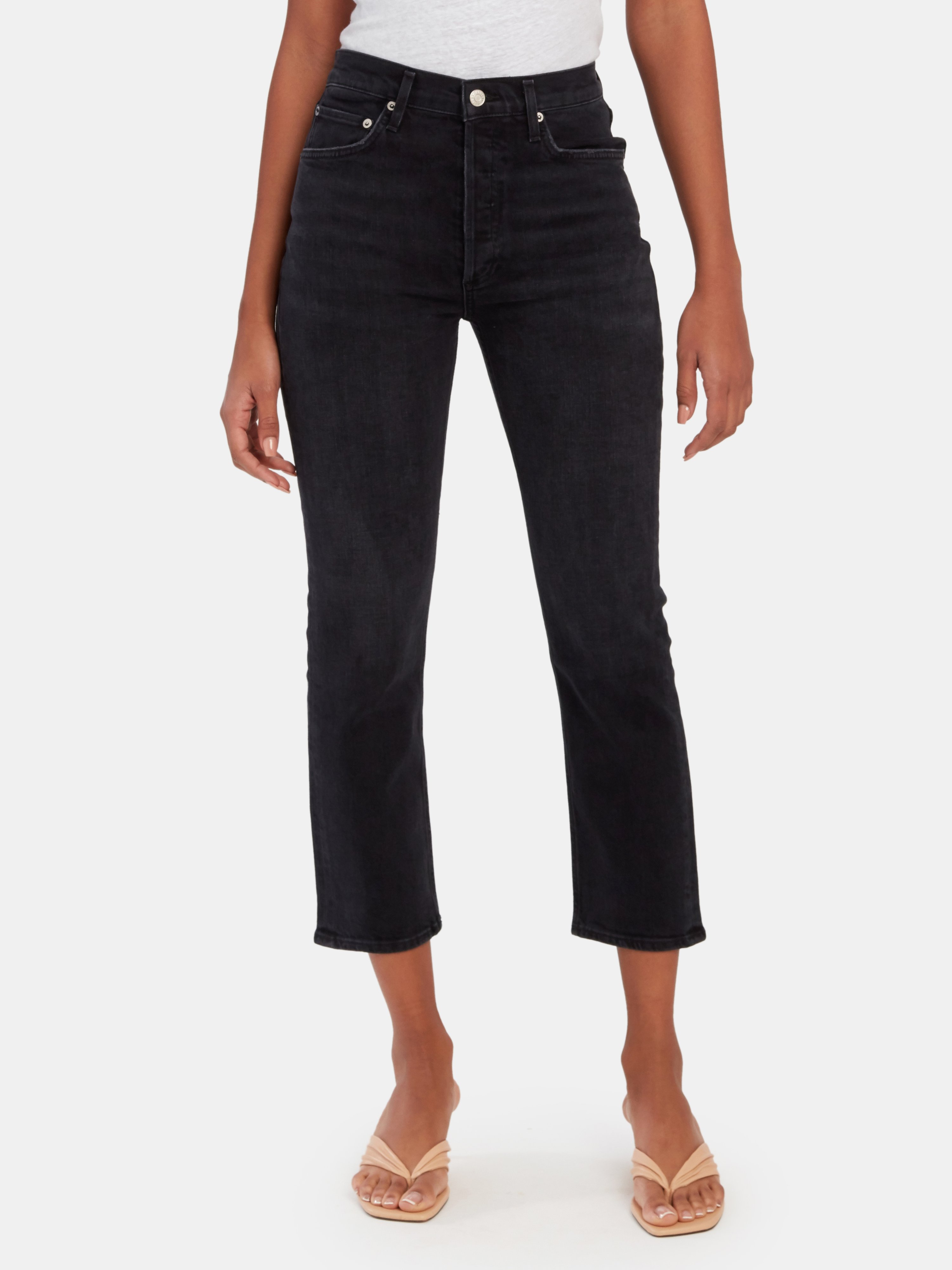 Agolde Riley High Rise Cropped Straight Fit Jeans In Black Pepper