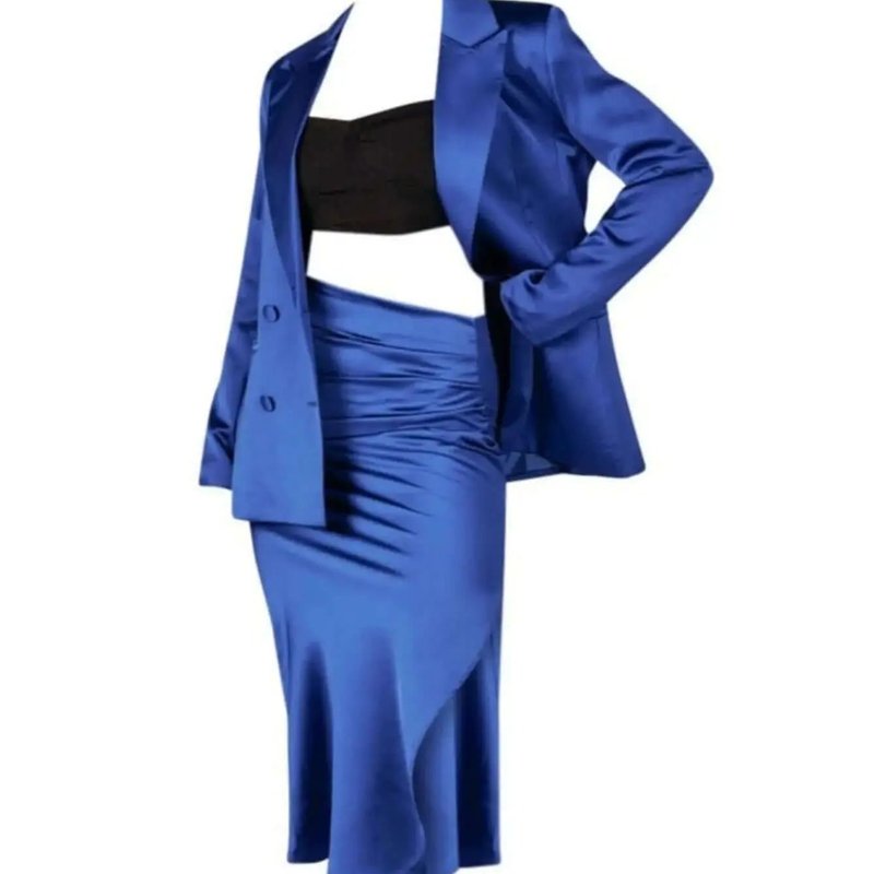 Akalia Alondra Double-breasted Blazer Top And Skirt Set In Blue
