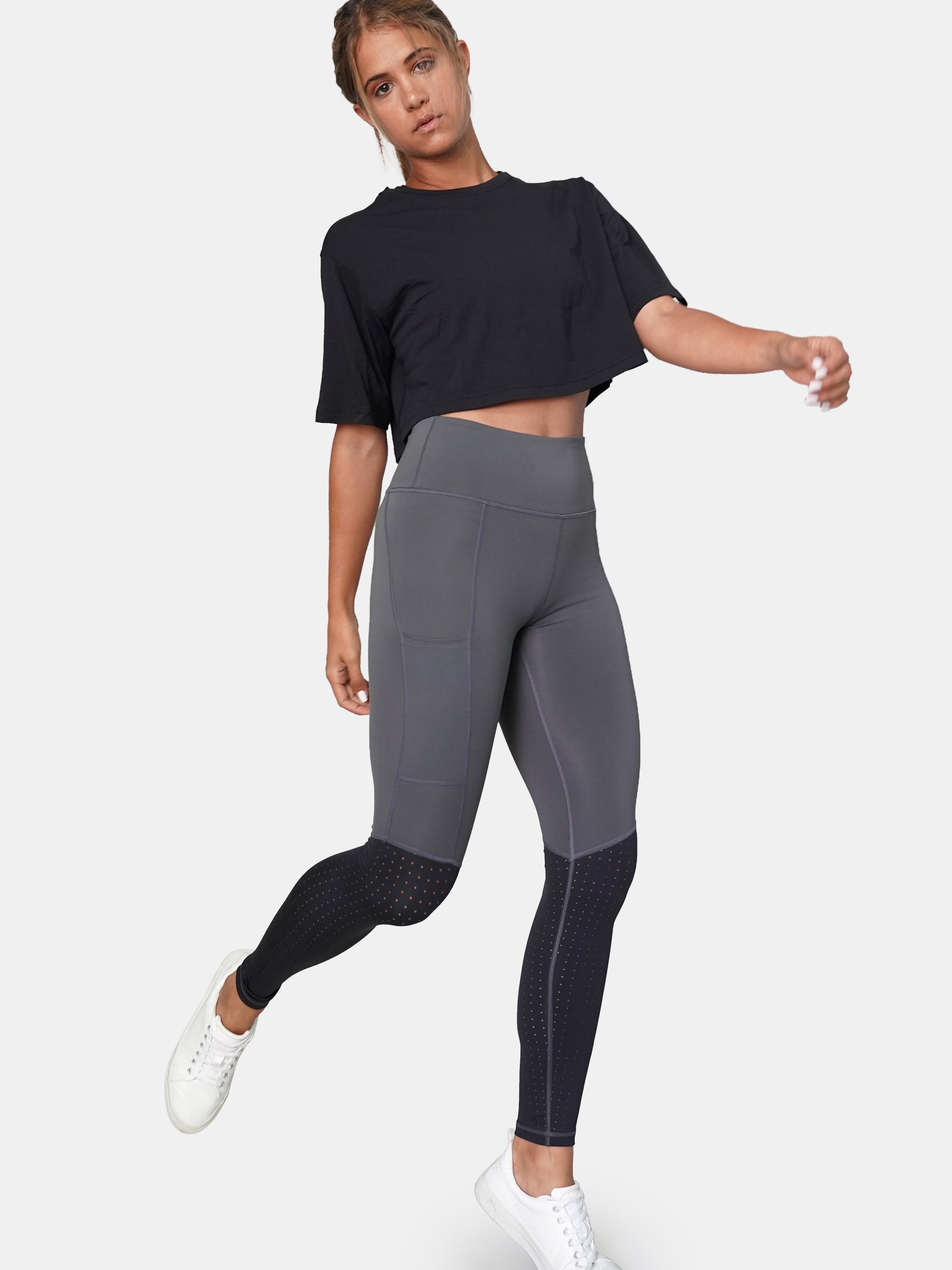 Alana Athletica The Dash Side Pocket Legging In Gray/black Laser Cut