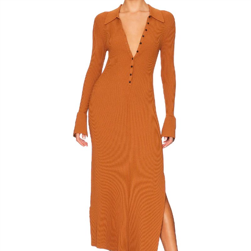 Shop A.l.c Lance Ribbed Polo Collar Midi Dress In Brown