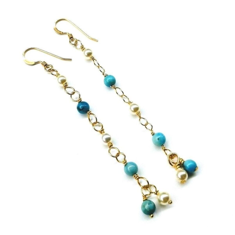 Alexa Martha Designs 14 Kt Gold Filled Wire Wrapped Long Turquoise Pearl Dangle Earrings