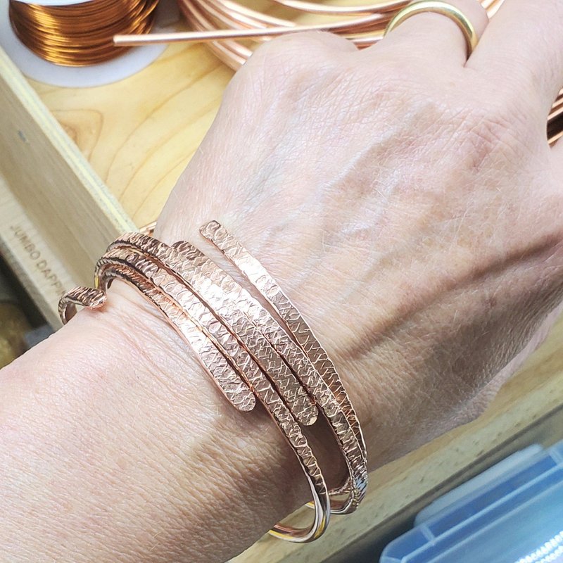 Alexa Martha Designs Adjustable Hammered Copper Overlap Bangle For Him Or Her In Gold