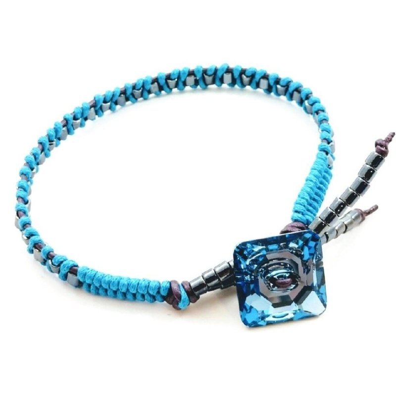 Alexa Martha Designs Aqua Hematite Bead Braided Square Swarovski Crystal Button Bracelet In Blue