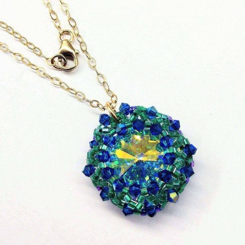 Alexa Martha Designs Blue Green Beaded Super Sparkly Rivoli Crystal Necklace