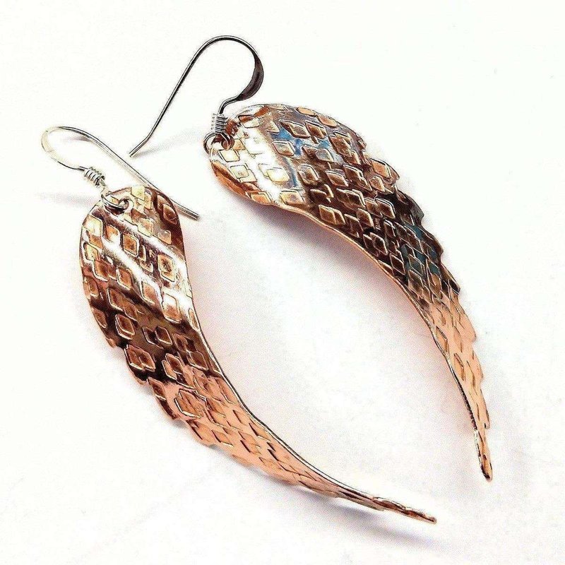 Alexa Martha Designs Copper Hammer Pattern Sculpted Angel Wings Earrings In Brown