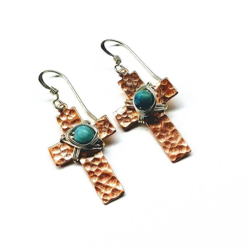 Alexa Martha Designs Hammered Copper Cross Earrings With Turquoise Beads In Brown