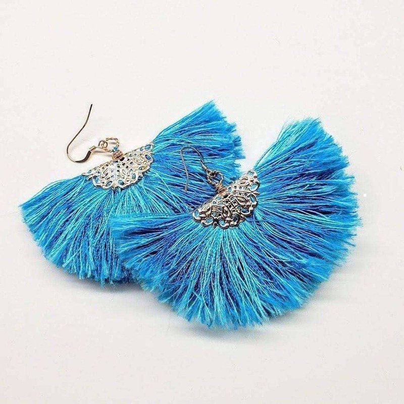 Alexa Martha Designs Handmade Aqua Brushed Rayon Silk Fan Tassel Earrings In Blue