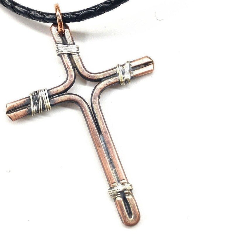 Alexa Martha Designs Handmade Copper And Silver Wire Cross Necklace For Him In Grey
