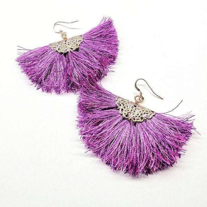 Alexa Martha Designs Handmade Rayon Silk Filigree Silk Fan Tassel Earrings In Purple