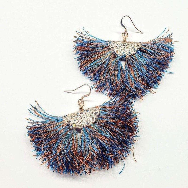 Alexa Martha Designs Handmade Rayon Silk Filigree Silk Fan Tassel Earrings In Blue