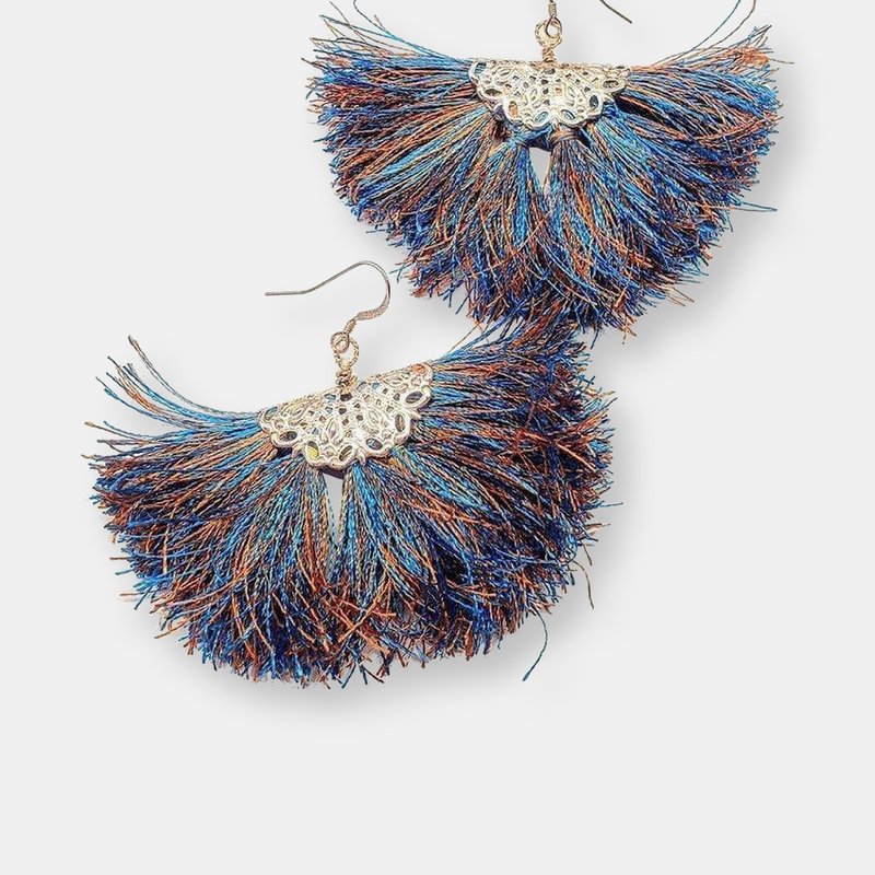 Alexa Martha Designs Handmade Rayon Silk Filigree Silk Fan Tassel Earrings In Blue