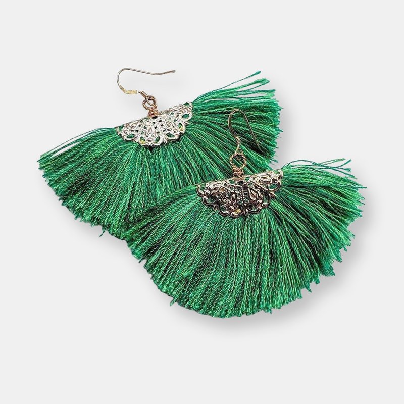 Alexa Martha Designs Handmade Rayon Silk Filigree Silk Fan Tassel Earrings In Green