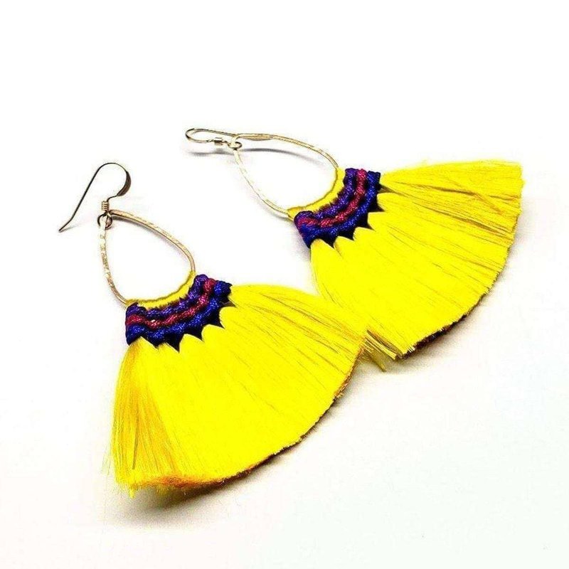 Alexa Martha Designs Hawaii Hula Skirt Fan Tassel Hoop Earrings In Yellow