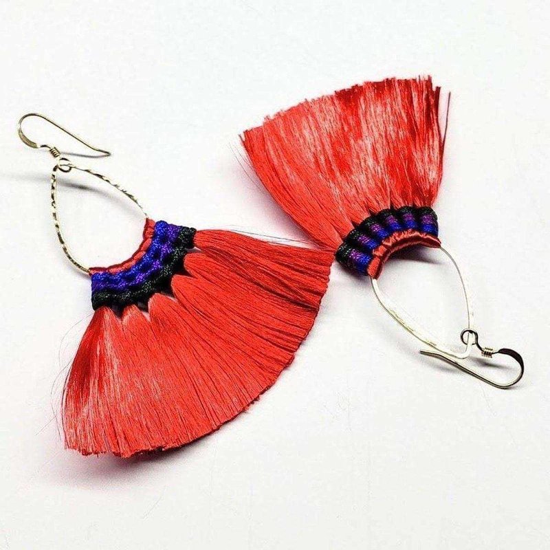 Alexa Martha Designs Hawaii Hula Skirt Fan Tassel Hoop Earrings In Red