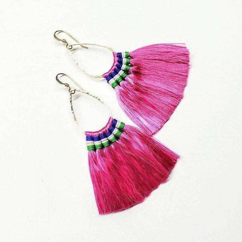Alexa Martha Designs Hawaii Hula Skirt Fan Tassel Hoop Earrings In Pink