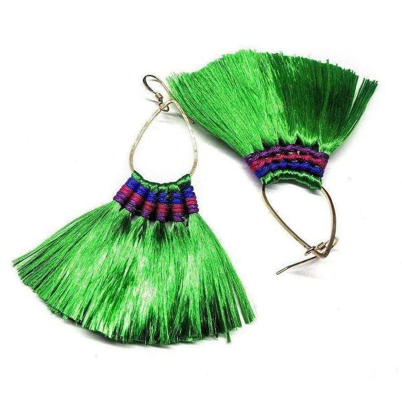 Alexa Martha Designs Hawaii Hula Skirt Fan Tassel Hoop Earrings In Green