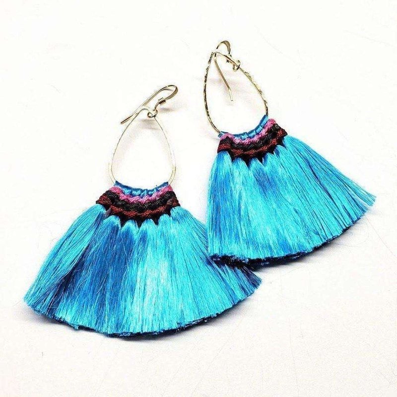 Alexa Martha Designs Hawaii Hula Skirt Fan Tassel Hoop Earrings In Blue