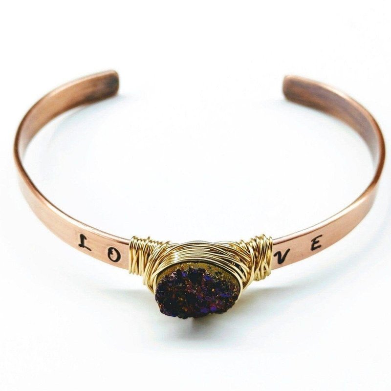 Alexa Martha Designs Love Stamped Gold Wire Wrapped Purple Druzy Copper Cuff