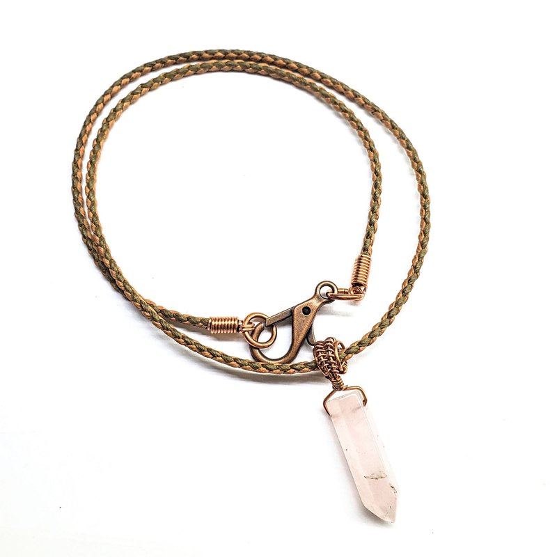 Alexa Martha Designs Men's Rustic Wire Wrapped Pointed Gemstone Crystal Leather Necklace In Pink