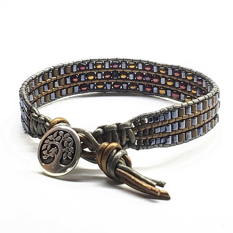 Alexa Martha Designs Mens Tree Of Life Earth Colored Intricate Bead Work Leather Wrap Bracelet In Grey