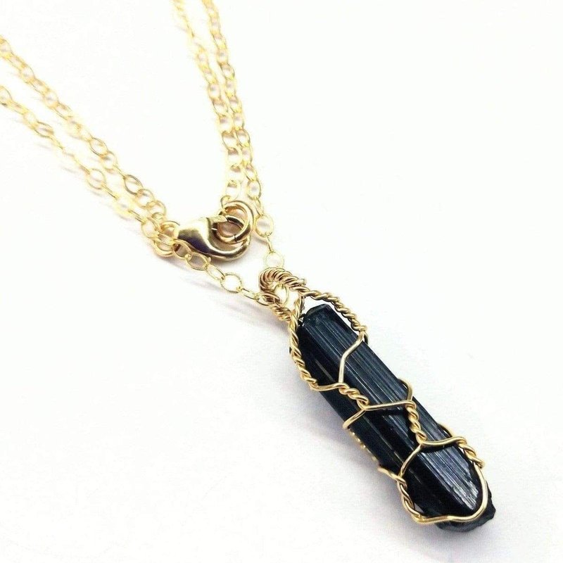 Alexa Martha Designs Messy Gold Wire Wrapped Black Tourmaline Pointed Crystal Pendant