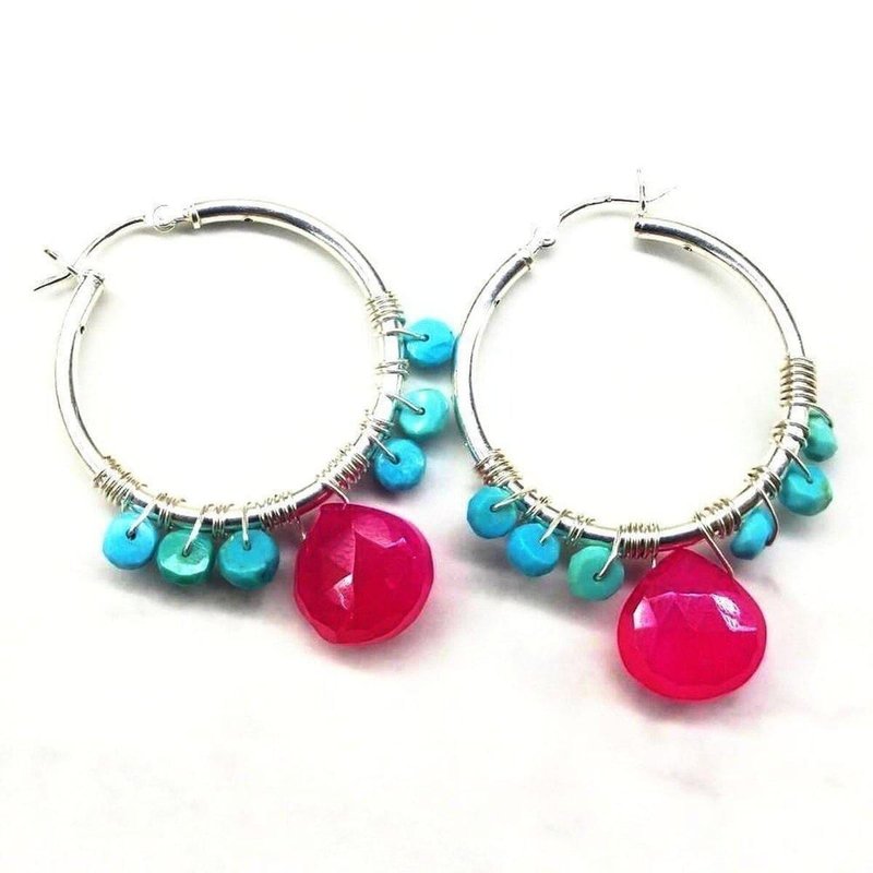Alexa Martha Designs Pink And Turquoise Silver Wire Wrap Hoop Earrings In Blue