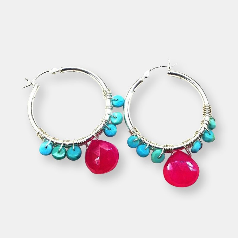 Alexa Martha Designs Pink And Turquoise Silver Wire Wrap Hoop Earrings In Blue