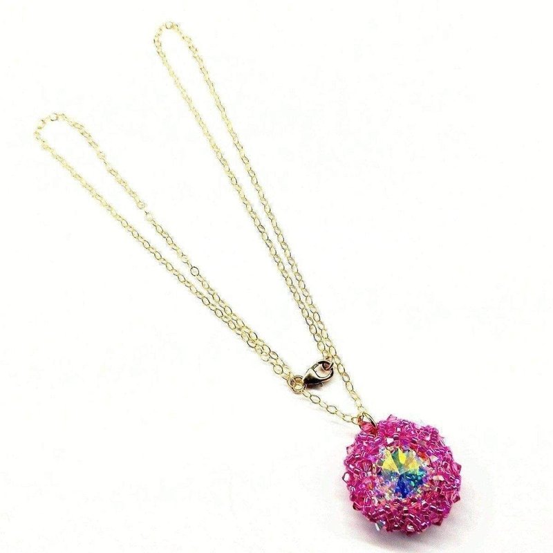 Alexa Martha Designs Pink Beaded Super Sparkly Rivoli Crystal Necklace In Gold