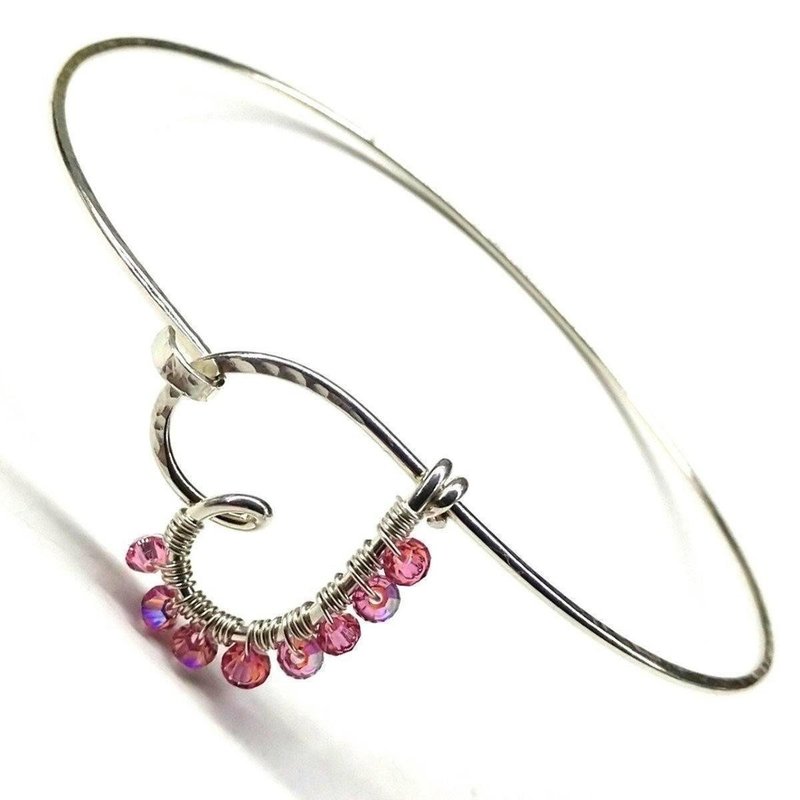Alexa Martha Designs Pink Crystal Wire Wrapped Heart Bangle In Sterling Silver In Grey