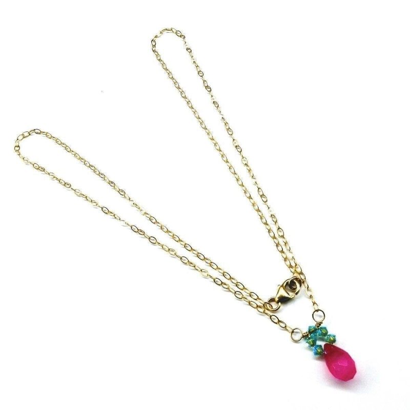 Alexa Martha Designs Pink Gemstone Drop And Turquoise Crystal 14 K Gold Filled Necklace