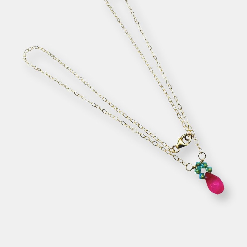 Alexa Martha Designs Pink Gemstone Drop And Turquoise Crystal 14 K Gold Filled Necklace