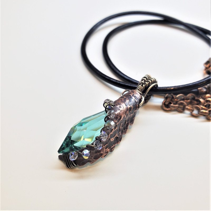 Alexa Martha Designs Sculpted Wire Wrap Copper Angel Wing Crystal Teardrop Necklace In Blue