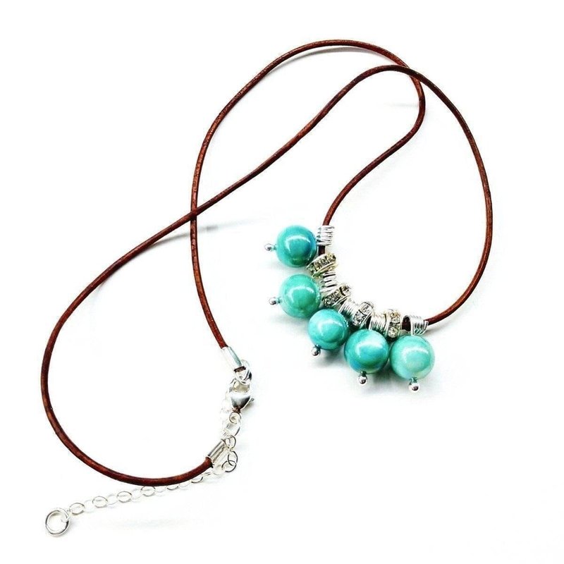 Alexa Martha Designs Silver Green Blue Shell Bead Charm Leather Necklace