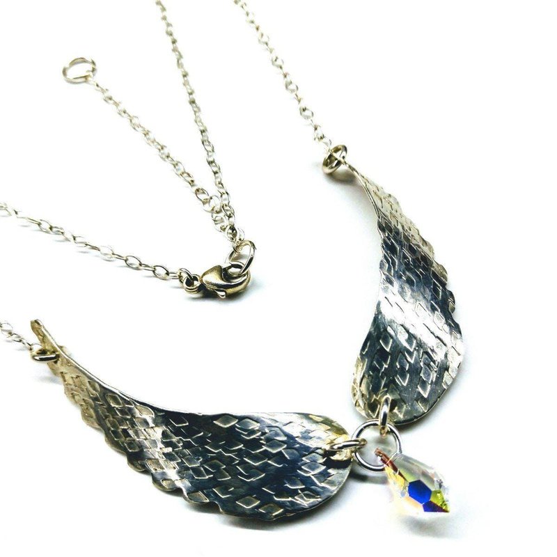 Alexa Martha Designs Silver Sculpted Angel Wings Crystal Drop Necklace In Grey