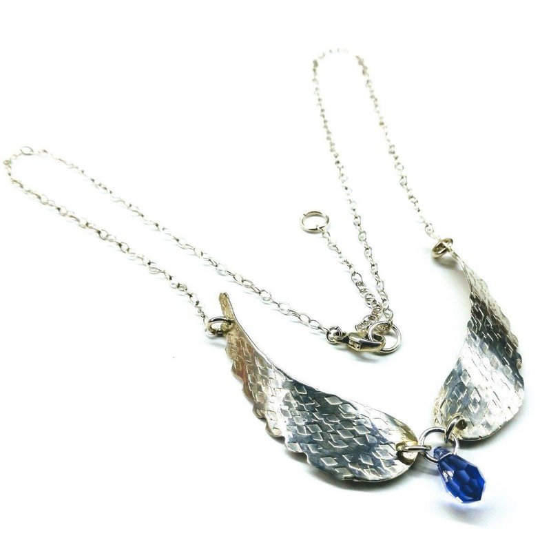 Alexa Martha Designs Silver Sculpted Angel Wings Crystal Drop Necklace In Purple