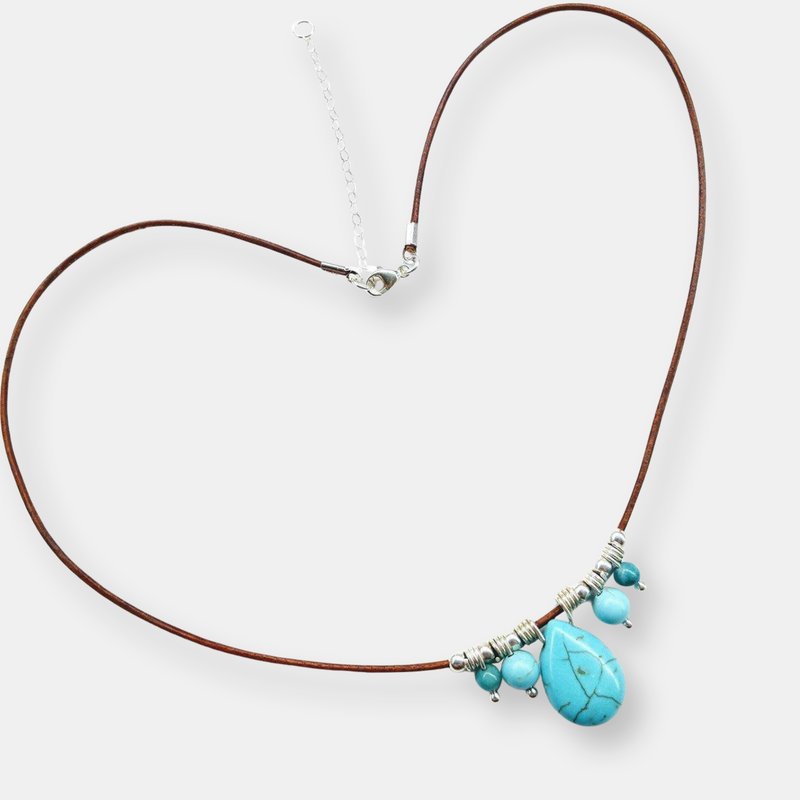 Alexa Martha Designs Silver Turquoise Drop Bead Charm Leather Necklace In Blue