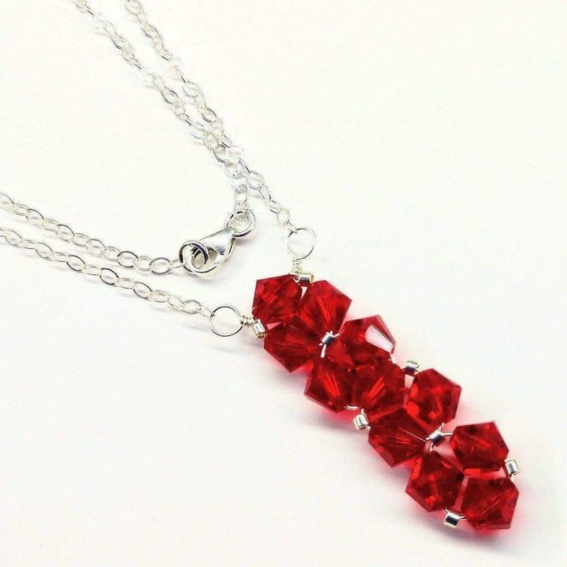Alexa Martha Designs Silver Vertical Beaded Crystal Bar Necklace In Red