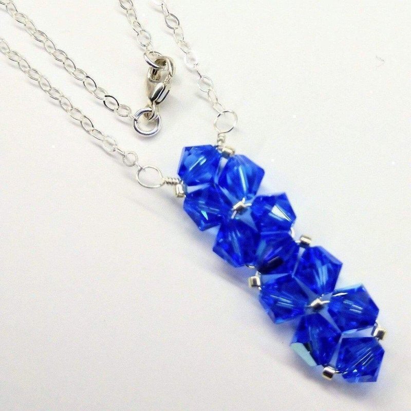 Alexa Martha Designs Silver Vertical Beaded Crystal Bar Necklace In Blue