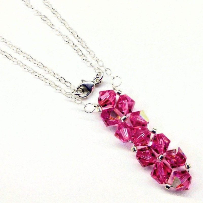 Alexa Martha Designs Silver Vertical Beaded Crystal Bar Necklace In Pink