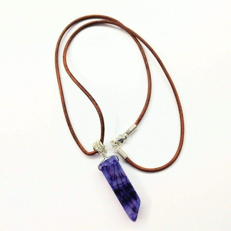 Alexa Martha Designs Silver Wrapped Purple Dyed Crackle Agate Point Leather Necklace