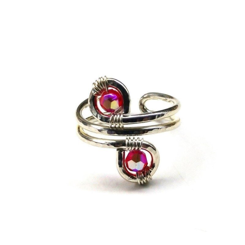 Alexa Martha Designs Sterling Silver Red Pink Crystal Adjustable Wire Wrap Finger Toe Ring In Grey